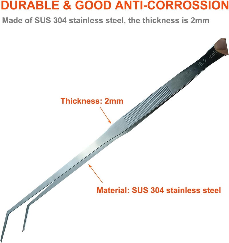 Fecsam Extra Long Tweezers, Feeding Tongs, 18.9 inch Aquarium Stainless Steel Large Aquascape Tools for Fish Tank, Terrarium，Aquascaping, Reptile Snake (Curved) - Image 3